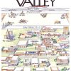 Illustrated 1984 Silicon Valley fun map showing roads, buildings, and labeled tech companies with San Francisco Bay and surrounding regions.