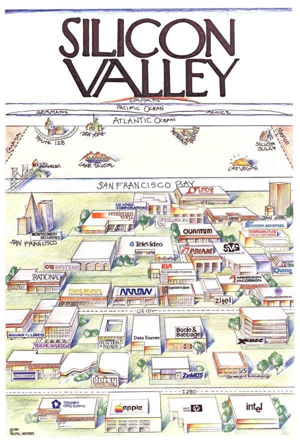 Illustrated 1984 Silicon Valley fun map showing roads, buildings, and labeled tech companies with San Francisco Bay and surrounding regions.