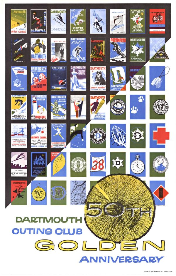 1959 Dartmouth Outing Club 50th anniversary ski poster, American color lithograph featuring grid of Winter Carnival poster vignettes and club insignia, linen-backed.