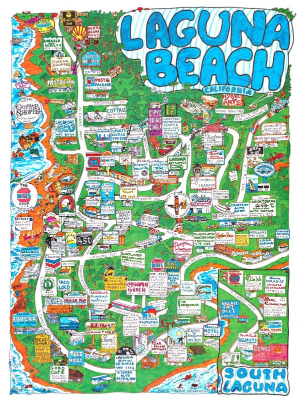 Colorful illustrated map of Laguna Beach showing Pacific Coast Highway, local businesses, coastline, and hillside neighborhoods in a playful graphic style.