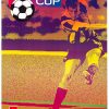 Pop art style poster of a soccer player kicking a ball with bold purple, orange, and yellow colors and a soccer ball graphic in the upper corner.