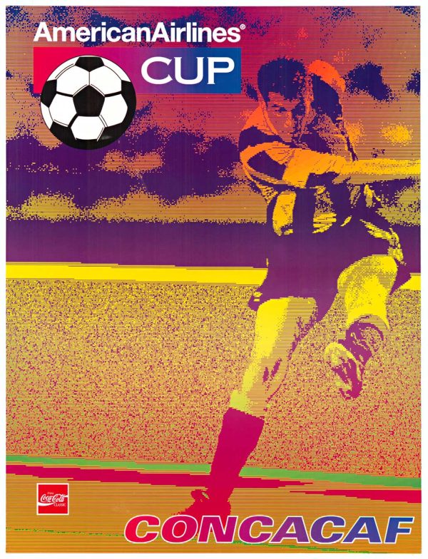 Pop art style poster of a soccer player kicking a ball with bold purple, orange, and yellow colors and a soccer ball graphic in the upper corner.