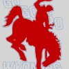 Bold red silhouette of a bucking horse with rider outlined in blue, with repeated “Go Go Go Wyoming” text in the background.