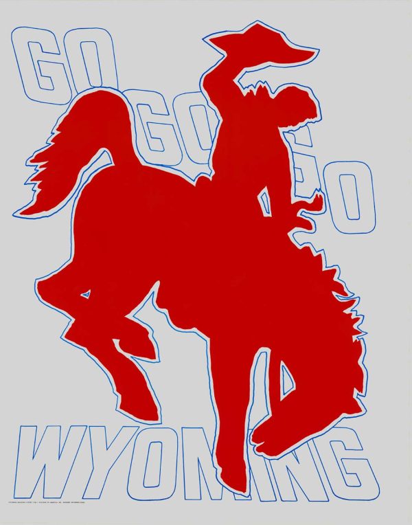 Bold red silhouette of a bucking horse with rider outlined in blue, with repeated “Go Go Go Wyoming” text in the background.