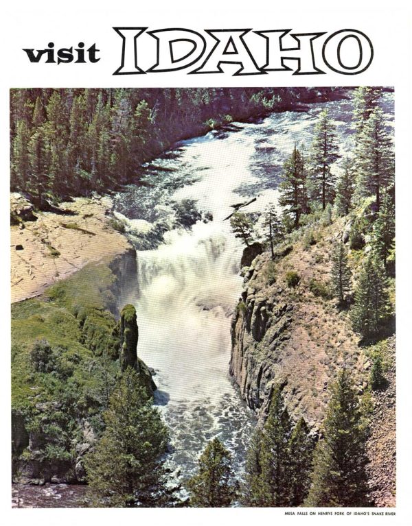 Photographic poster of Mesa Falls in Idaho showing a waterfall plunging into a forested canyon with evergreen trees and rocky cliffs beneath a “Visit Idaho” title.