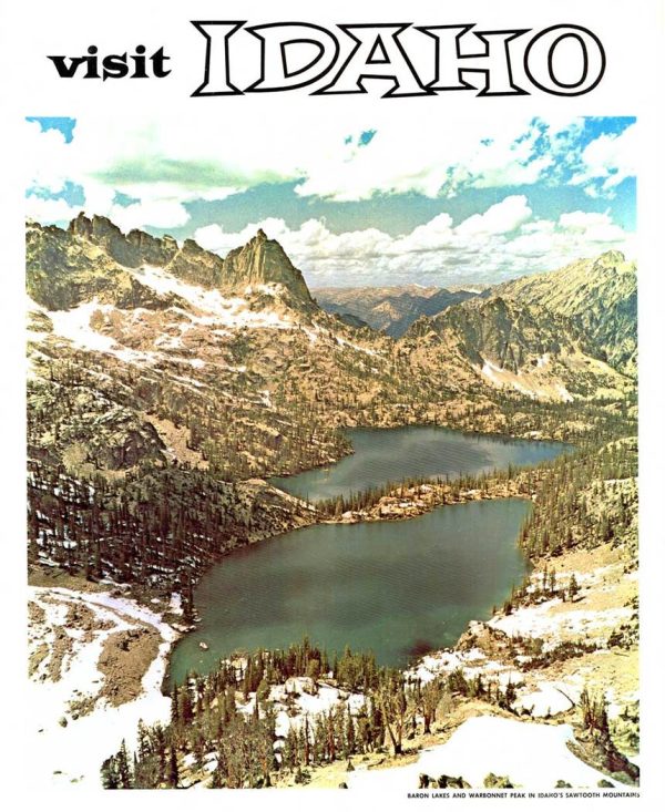 Photographic poster of Baron Lakes in Idaho with multiple alpine lakes, snow-dusted granite peaks, and Warbonnet Peak rising in the Sawtooth Mountains under a wide sky.
