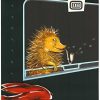Vintage German Federal Railroad poster showing a hedgehog leaning out of a train window with a red car and dark background.