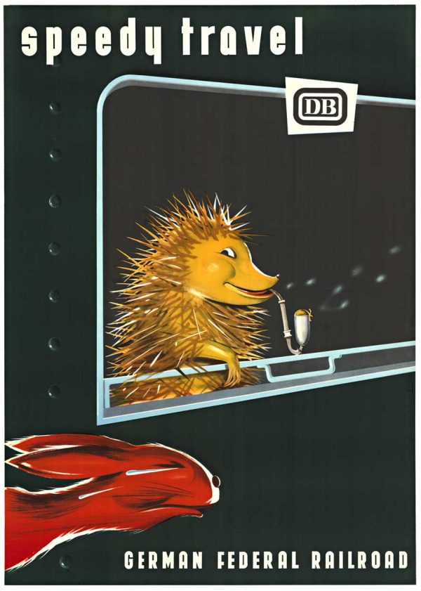Vintage German Federal Railroad poster showing a hedgehog leaning out of a train window with a red car and dark background.