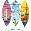 Vintage Sabena travel poster with three vertical panels showing New York skyline, a DC-7 airplane close-up, and Paris with the Eiffel Tower and a helicopter.