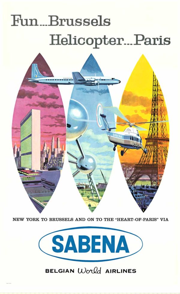 Vintage Sabena travel poster with three vertical panels showing New York skyline, a DC-7 airplane close-up, and Paris with the Eiffel Tower and a helicopter.