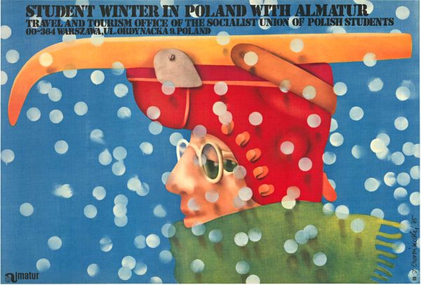 Alt Text 1975 Polish poster of a skier with a ski boot on his head, snow falling against a blue background