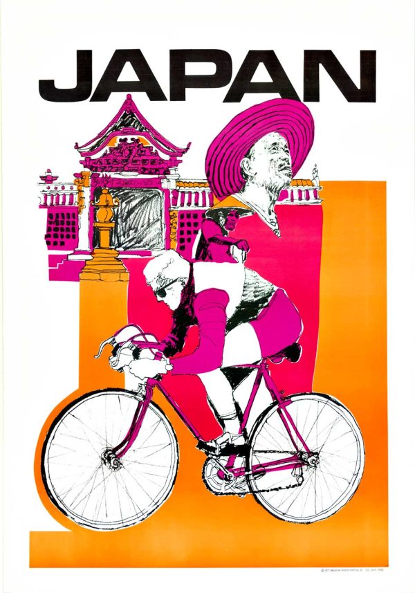 1972 Japan travel poster showing a cyclist in bold pink and orange with pagoda and traditional figure in pop art style.