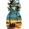 A pineapple-shaped image containing a beach scene with palm trees, ocean water, and people sitting on the sand and in the water.
