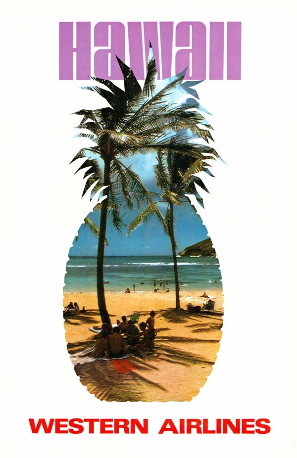 A pineapple-shaped image containing a beach scene with palm trees, ocean water, and people sitting on the sand and in the water.