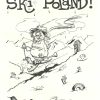 Black and white satirical ski poster showing chaotic skier with improvised gear, Ski Poland by Irv Isaacson