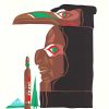 Stylized red, black, and green profile faces and a totemic bird form rise vertically beside a small carved figure, with simplified mountains and trees in the background.