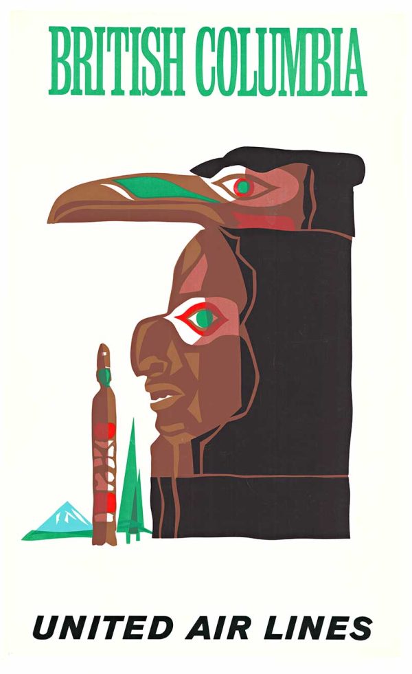 Stylized red, black, and green profile faces and a totemic bird form rise vertically beside a small carved figure, with simplified mountains and trees in the background.