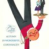Stylized figure in a red jacket balancing upside down with a couple standing on his feet beside elegant mid-century typography promoting autumn in Copenhagen.