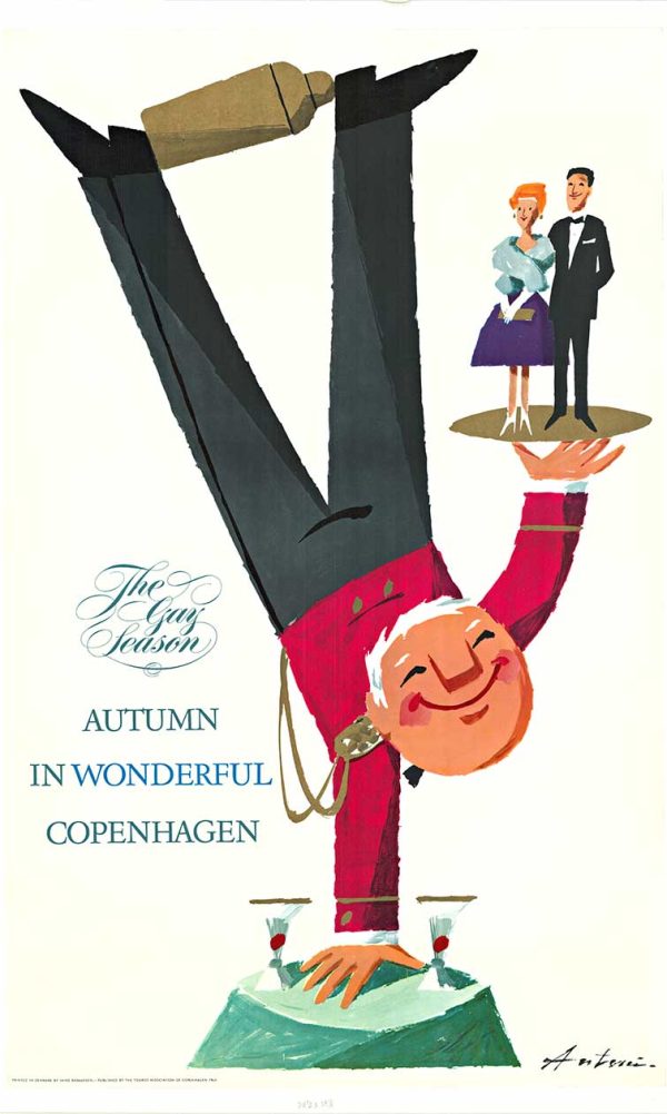 Stylized figure in a red jacket balancing upside down with a couple standing on his feet beside elegant mid-century typography promoting autumn in Copenhagen.