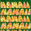 Colorful psychedelic block letters spelling “Hawaii” filled with floral and abstract patterns on a green background.