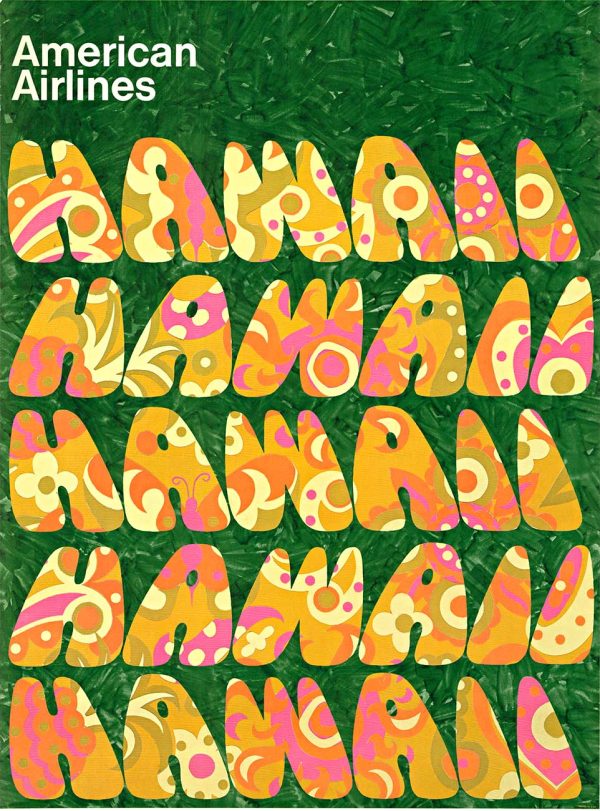 Colorful psychedelic block letters spelling “Hawaii” filled with floral and abstract patterns on a green background.