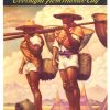 Vintage Mexican travel poster showing two fishermen in traditional dress carrying nets and baskets by Lake Pátzcuaro under a warm-toned sky.