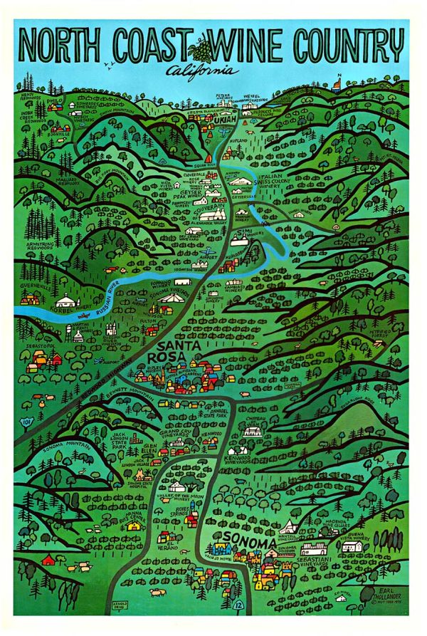 lEarl Thollander North Coast Wine Country California vintage travel poster map Santa Rosa vineyards linen-backed Grade A