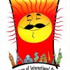A stylized smiling sun with a curled mustache rises above a curved row of illustrated world landmarks including Big Ben, the Eiffel Tower, the Taj Mahal, a pagoda, and the Statue of Liberty against a red background.