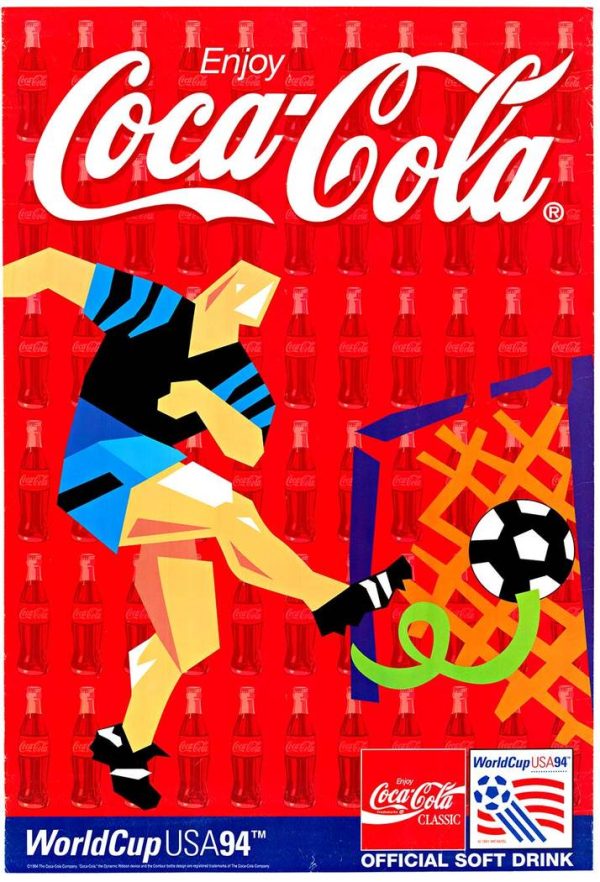 Coca-Cola FIFA World Cup USA 1994 poster geometric soccer player red background vintage advertising lithograph