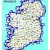 Pictorial map of Ireland filled with small illustrated scenes of landmarks, towns, and regional icons across the island.