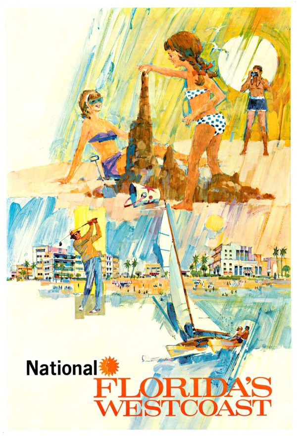 National Airlines Florida’s West Coast travel poster featuring sunbathers, a sailboat, and a coastal resort rendered in loose, colorful mid-century illustration
