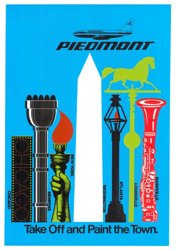 Vintage Piedmont Airlines poster with vertical icons of U.S. cities including the Statue of Liberty torch, Washington Monument, and a red clarinet on a blue background.