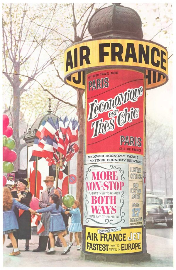 A lively Paris street scene unfolds around a Morris column wrapped in Air France advertisements, transforming an everyday corner into a moment of celebration. The column rises at the center of the composition, layered with bold red panels and crisp lettering that immediately draw the eye, while the surrounding city softens into a gentle, atmospheric backdrop.