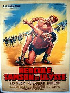 Hercules Samson and Ulysses French movie poster featuring muscular heroes in combat, colorful lithographic artwork, linen backed original poster
