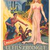 Vintage French movie poster for The Prodigal Son (Le Fils Prodigue) featuring a dramatic biblical scene with a towering female figure in a sheer pink gown, a man reaching toward her, and chaotic figures below amid flames; bold “Cinemascope” lettering and richly colored illustrated artwork.