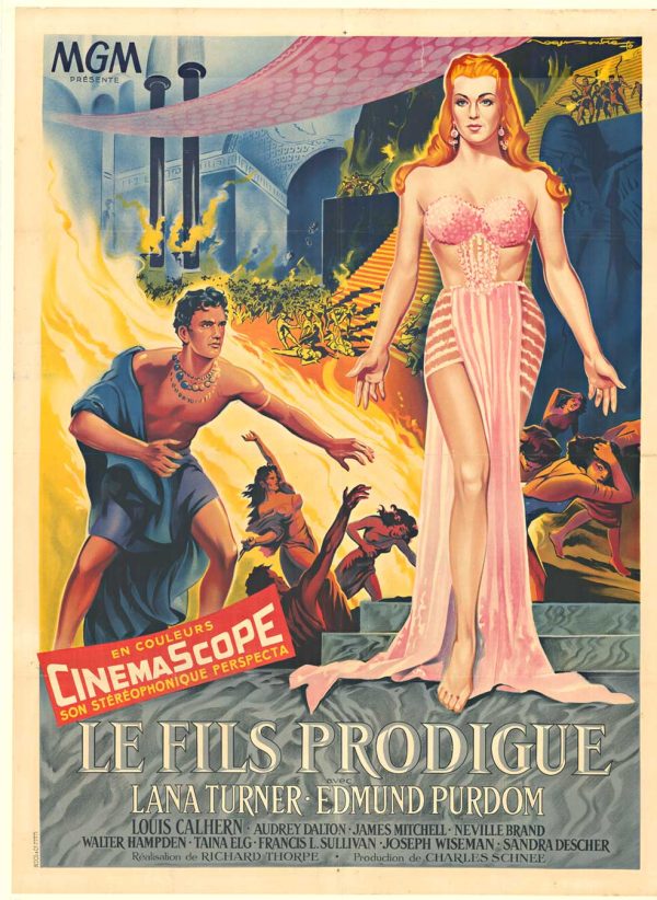Vintage French movie poster for The Prodigal Son (Le Fils Prodigue) featuring a dramatic biblical scene with a towering female figure in a sheer pink gown, a man reaching toward her, and chaotic figures below amid flames; bold “Cinemascope” lettering and richly colored illustrated artwork.