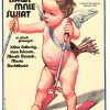 1982 Czechoslovakian movie poster showing winged cherub baby skiing on red skis with poles, surreal winter sports imagery