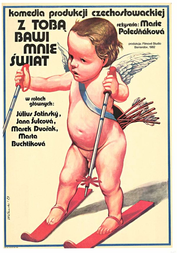 1982 Czechoslovakian movie poster showing winged cherub baby skiing on red skis with poles, surreal winter sports imagery