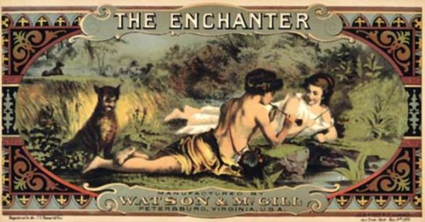 Vintage late 1800s stone-lithograph tobacco label "The Enchanter" by Watson & McGill showing romantic pastoral scene with Pan-like youth and goddess figure reclining in meadow with foliage, ornate typography header, warm earth tones and cream, Petersburg Virginia attribution at bottom.
