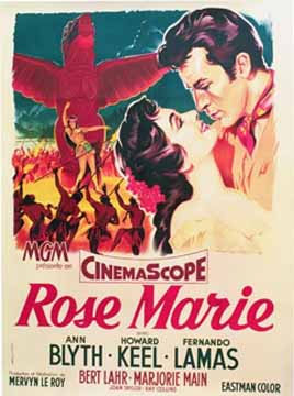Rose Marie 1954 original French Grande movie poster featuring Ann Blyth and Howard Keel in a romantic illustrated scene with bold red and green tones