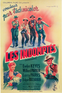 Les Indomptés 1952 original French movie poster featuring illustrated Western characters with bold red and green typography and Columbia branding