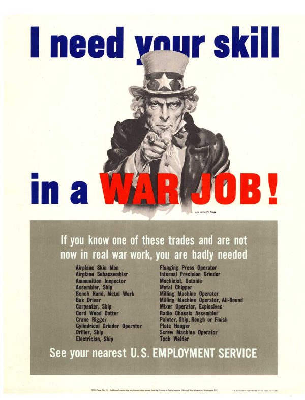 Original 1943 James Montgomery Flagg Uncle Sam war production poster "I Need Your Skill in a War Job," Flagg pointing directly with commanding intensity, navy blue and red bold typography, employment service contact information, skilled trades list, patriotic WWII propaganda art.
