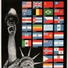 1942 WWII poster featuring Statue of Liberty torch in grayscale against black background, grid of 30+ allied nation flags (American, British, Soviet, Chinese, Australian, Canadian, Belgian, Polish), "United Nations Fight for Freedom" messaging