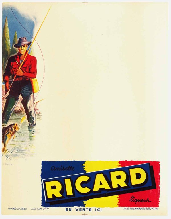 French Ricard poster with fisherman by water and large blank space for custom text