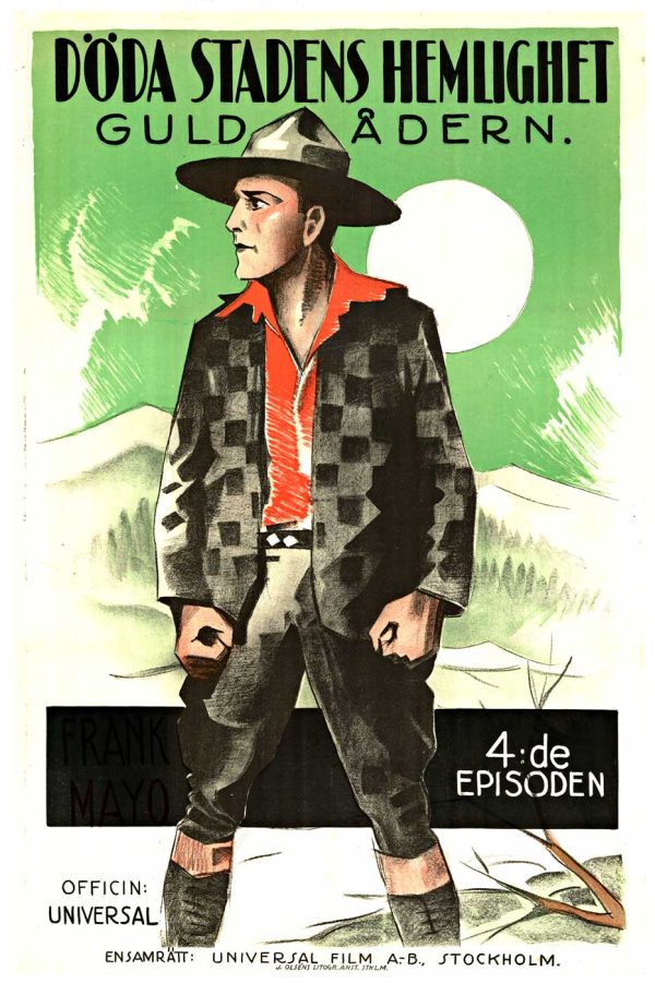 Original 1922 Swedish one sheet poster for Döda Stadens Hemlighet: Guldådern, standing male figure in patterned jacket against green background with large white sun.