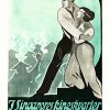 Original 1921 Swedish silent film poster I Singapores kineskvarter, stylized couple in angular embrace with green-toned background and minimal linework