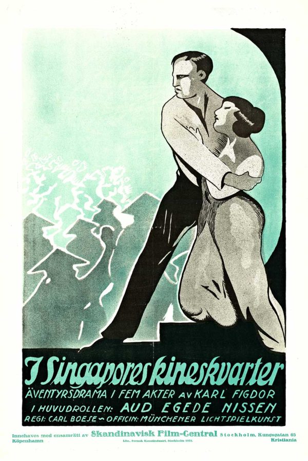 Original 1921 Swedish silent film poster I Singapores kineskvarter, stylized couple in angular embrace with green-toned background and minimal linework