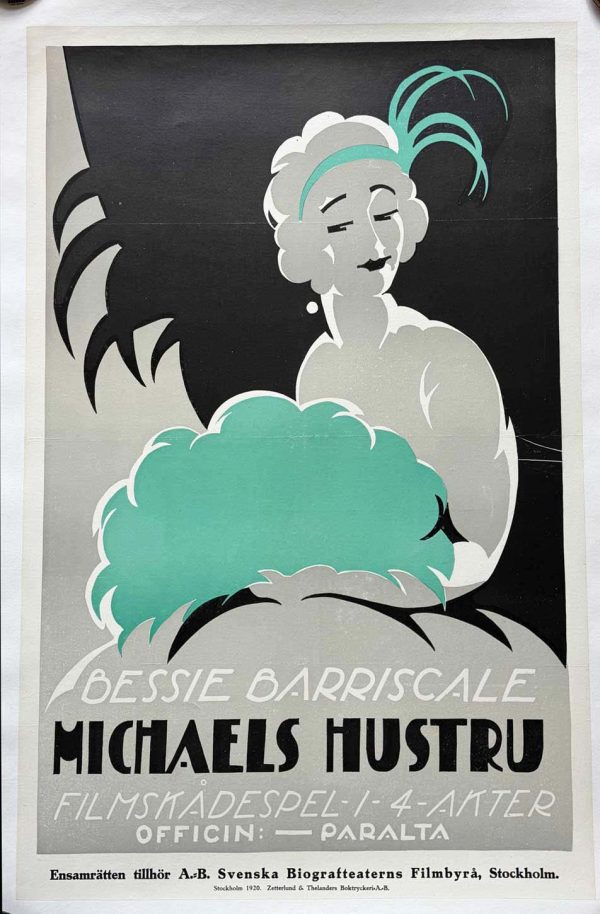 Original 1920 Swedish one sheet poster for Michaels Hustru, stylized female figure with dark hair and soft green tones against a black background.