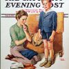 1939 American newsstand poster for The Saturday Evening Post featuring Frances Tipton Hunter illustration of a woman tending to a boy’s knee, offset lithograph, linen-backed vintage advertisement