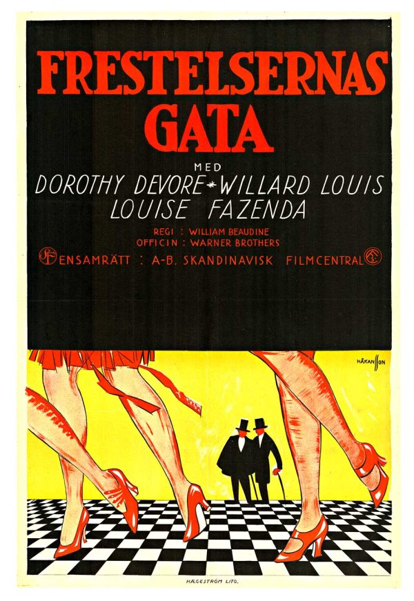 1925 Frestelsernas Gata (Street of Temptations) Swedish lithographic film poster by Gunnar Håkansson, featuring towering stylized legs above two small silhouetted men in a bold Art Deco composition.